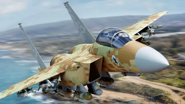 IDF fighter jet flying over Gaza with bombed areas below, showing the aftermath of recent airstrikes.